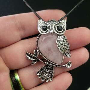 Rose Quartz Crystal Owl Pendant Necklace
